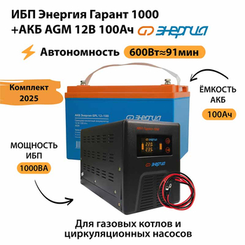 ИБП для котла Энергия Гарант 1000 + Аккумулятор 100 Ач 12 В (600Вт - 91мин) - ИБП и АКБ - ИБП для котлов - . Магазин оборудования для автономного и резервного электропитания Ekosolar.ru в Белгороде