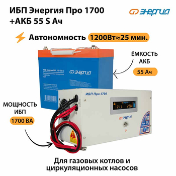 ИБП Энергия Про 1700 + Аккумулятор S 55 Ач - 12В (1200Вт - 25мин) - ИБП и АКБ - ИБП для котлов - . Магазин оборудования для автономного и резервного электропитания Ekosolar.ru в Белгороде