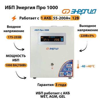 Энергия ИБП Про 1000 12В - ИБП и АКБ - ИБП для котлов - . Магазин оборудования для автономного и резервного электропитания Ekosolar.ru в Белгороде