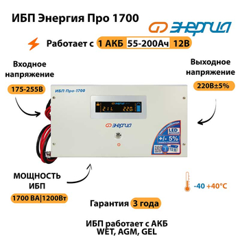 Энергия ИБП Про 1700 12В - ИБП и АКБ - ИБП для котлов - . Магазин оборудования для автономного и резервного электропитания Ekosolar.ru в Белгороде