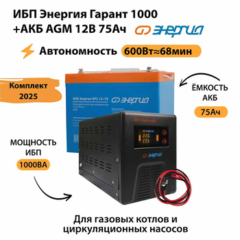 ИБП для котла Энергия Гарант 1000 + Аккумулятор 75 Ач 12 В (600Вт - 68мин) - ИБП и АКБ - ИБП для котлов - . Магазин оборудования для автономного и резервного электропитания Ekosolar.ru в Белгороде