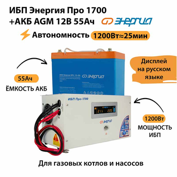 ИБП для котла Энергия Про 1700 + Аккумулятор 55 Ач 12 В (1200Вт - 25мин) - ИБП и АКБ - ИБП для котлов - . Магазин оборудования для автономного и резервного электропитания Ekosolar.ru в Белгороде