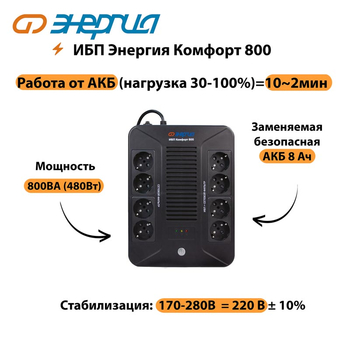 ИБП Комфорт 800 Энергия - ИБП и АКБ - ИБП для компьютера - . Магазин оборудования для автономного и резервного электропитания Ekosolar.ru в Белгороде
