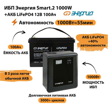 ИБП Энергия Smart.2 1000W + Аккумулятор LiFePO4 12v-100Ah (1000Вт-55мин) - ИБП и АКБ - ИБП Энергия - ИБП на 1 кВА - . Магазин оборудования для автономного и резервного электропитания Ekosolar.ru в Белгороде