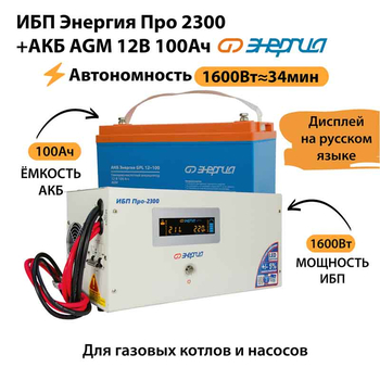 ИБП для котла Энергия Про 2300 + Аккумулятор 100 Ач 12 В (1600Вт - 34мин) - ИБП и АКБ - ИБП для котлов - . Магазин оборудования для автономного и резервного электропитания Ekosolar.ru в Белгороде