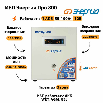 Энергия ИБП Про 800 12В - ИБП и АКБ - ИБП для котлов - . Магазин оборудования для автономного и резервного электропитания Ekosolar.ru в Белгороде
