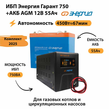 ИБП для котла Энергия Гарант 750 + Аккумулятор 55 Ач 12 В (450Вт - 67мин) - ИБП и АКБ - ИБП для котлов - . Магазин оборудования для автономного и резервного электропитания Ekosolar.ru в Белгороде