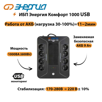 ИБП Комфорт 1000 USB Энергия - ИБП и АКБ - ИБП для компьютера - . Магазин оборудования для автономного и резервного электропитания Ekosolar.ru в Белгороде