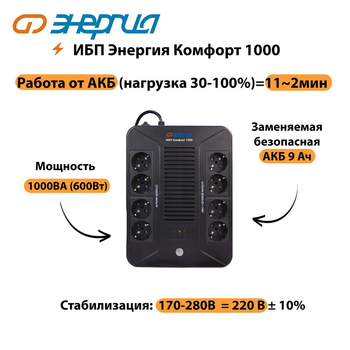 ИБП Комфорт 1000 Энергия - ИБП и АКБ - ИБП для компьютера - . Магазин оборудования для автономного и резервного электропитания Ekosolar.ru в Белгороде