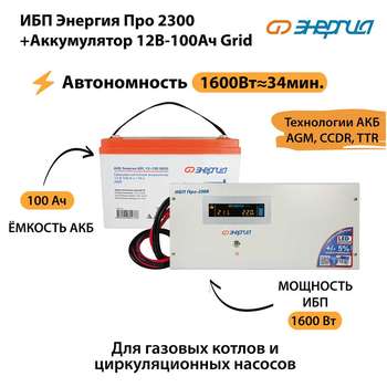 ИБП для котла Энергия Про 2300 + Аккумулятор Grid 100 Ah 12 v (1600Вт - 34мин) - ИБП и АКБ - ИБП для котлов - . Магазин оборудования для автономного и резервного электропитания Ekosolar.ru в Белгороде